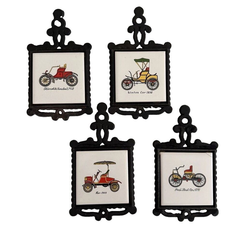 Vtg Ardco Antique Old Cars Cast Iron Porcelain Tile Trivets 6.5" x3.75" Lot of 4